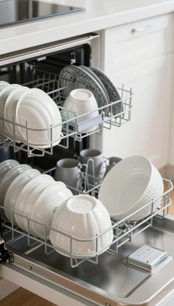 Neatly arranged dishes in an open dishwasher with space between each item for optimal cleaning