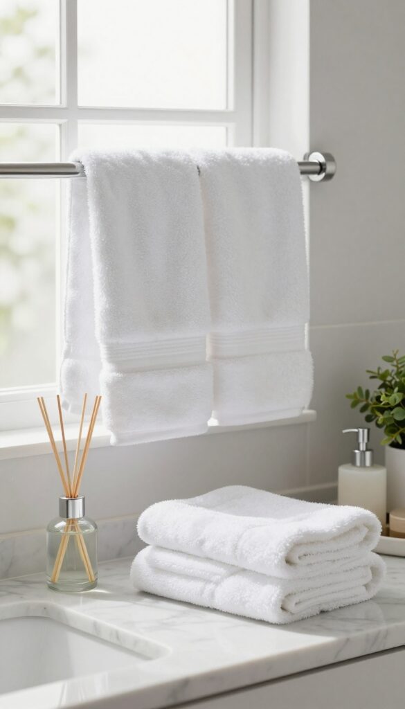 Clean bathroom with fresh towels, eucalyptus diffuser, and tidy countertop