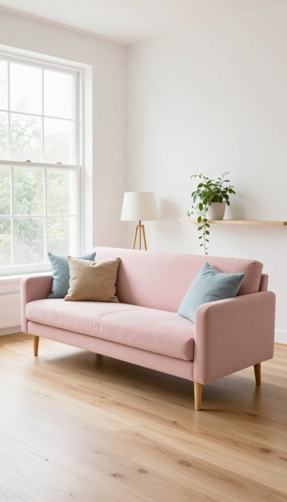 Light and airy living room with a blush pink chaise lounge sofa facing a large window, minimal decor, and natural light.