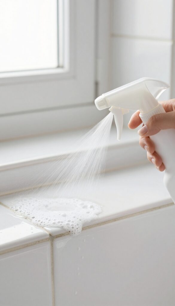 Spraying hydrogen peroxide on moldy bathroom grout