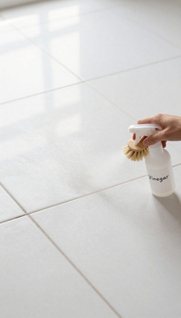 Close-up of tile floor with vinegar spray bottle and brush for cleaning grout