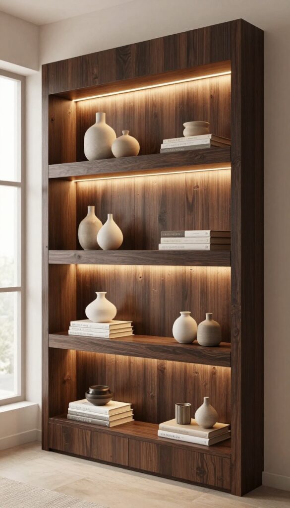 Dark wood wall unit with integrated warm LED lighting highlighting decor items in a small living room