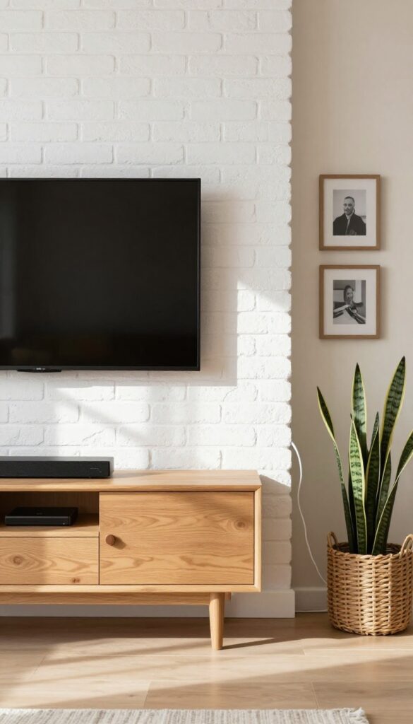 A low oak media console with a mounted TV inside a bright white brick alcove, styled with framed photos and a plant