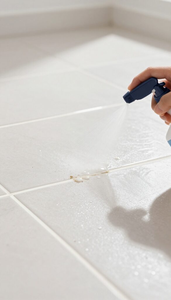 Spraying commercial grout cleaner onto tile grout lines with a trigger spray bottle