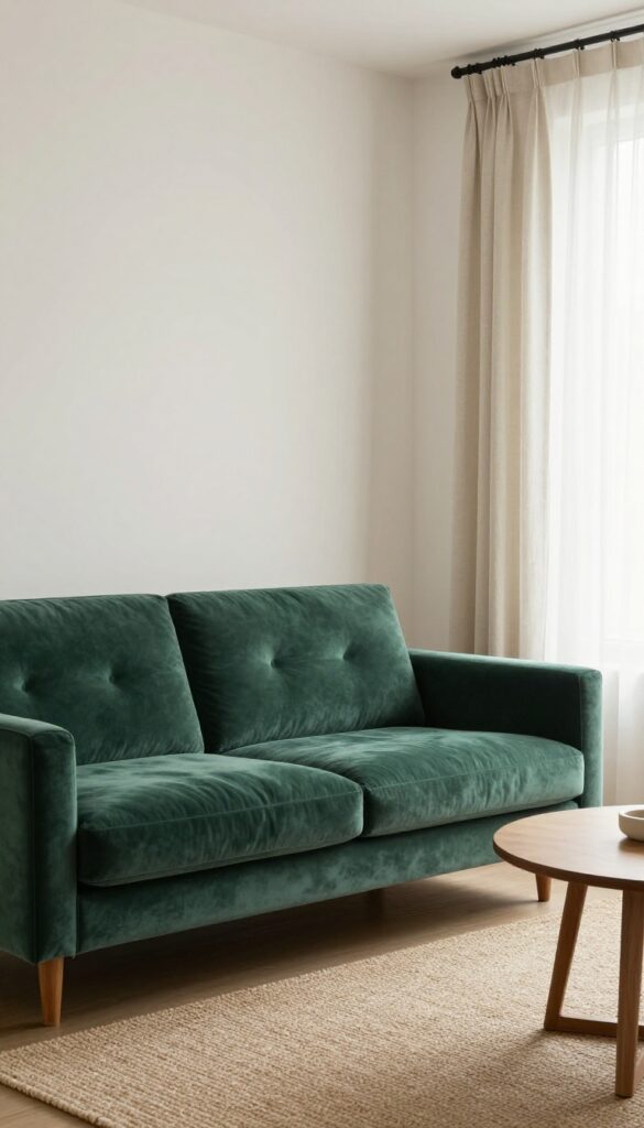 A vintage tufted velvet sofa as the focal point in a bright, neutral living room with jute rug and linen curtains.