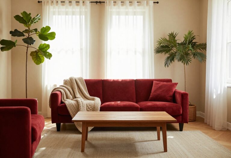 Cozy living room with a red velvet couch, neutral walls, wooden coffee table, and green plant.