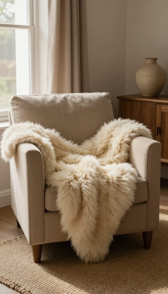 A cozy armchair with a cream faux fur throw draped over it, set on a jute rug in a warm earthy living room with natural light.