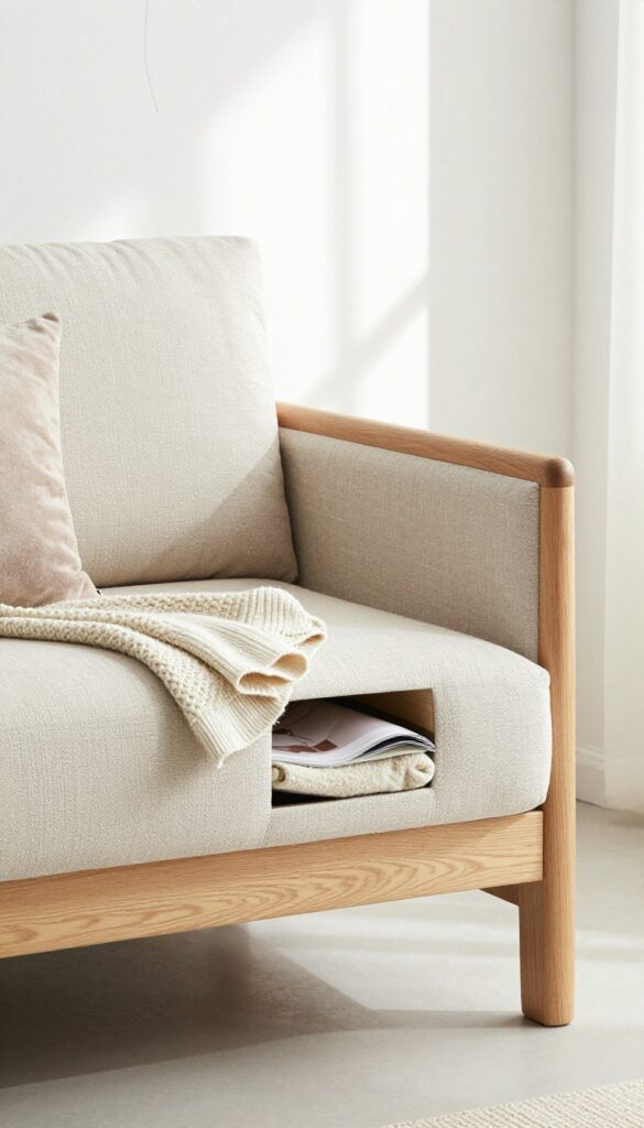 Compact wooden loveseat with hidden storage under cushions in a bright small modern living room