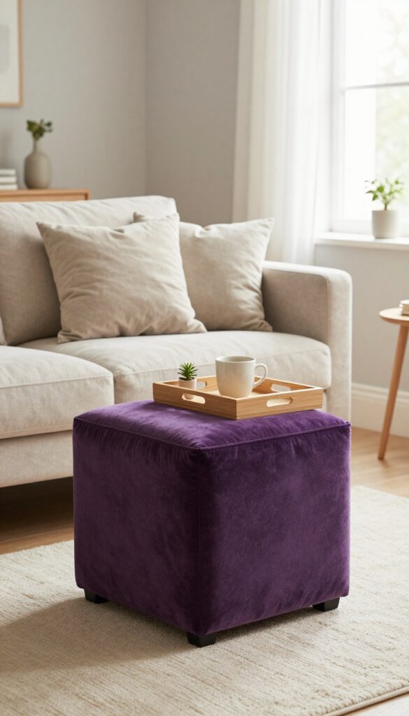 Purple velvet ottoman in front of a beige sofa in a bright living room