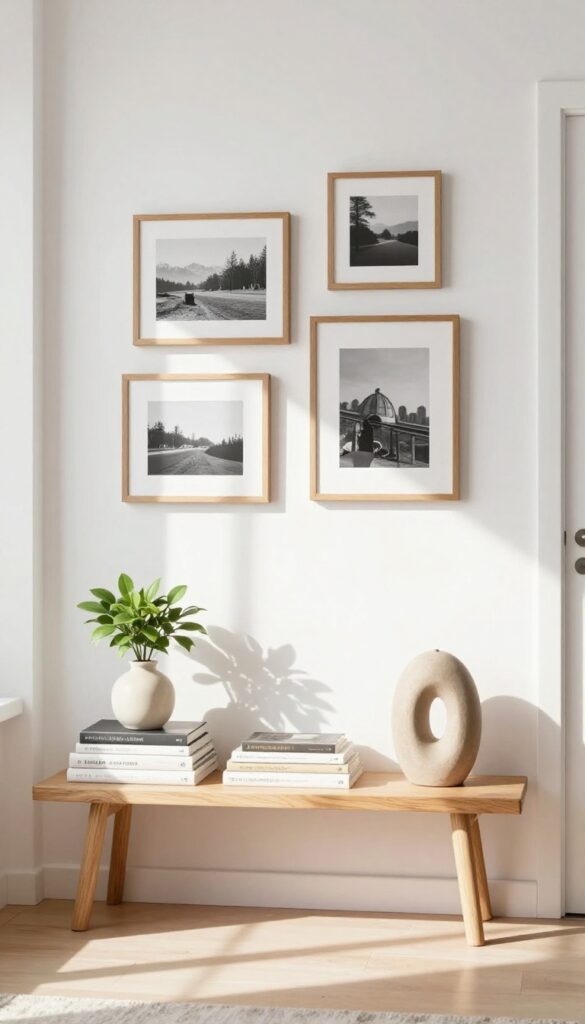 Living room shelf with layered framed art, books, and plants creating a gallery wall effect.