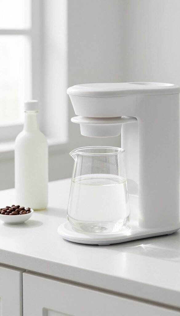Cleaning a coffee maker with vinegar solution in a bright kitchen