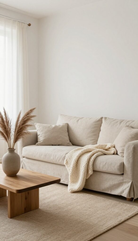 Neutral living room with linen sofa, chunky knit throw, jute rug, and ceramic vase in natural light
