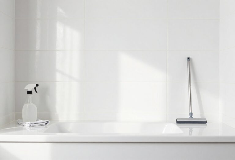 Sparkling clean bathroom tiles with cleaning tools nearby