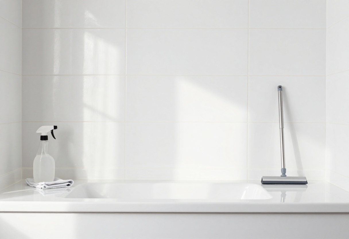 Sparkling clean bathroom tiles with cleaning tools nearby