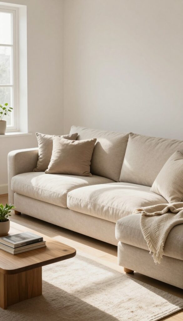 A cozy small living room featuring a modular sofa in soft beige bouclé with plush cushions and rounded edges, styled with a cream throw and earth-toned pillows, natural light from a window, a wooden coffee table with books and a plant.