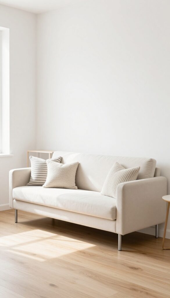 Slim-profile sofa in a tiny living room with track arms, metal legs, and light neutral upholstery, styled with a narrow console table and textured throw pillows in bright natural light.