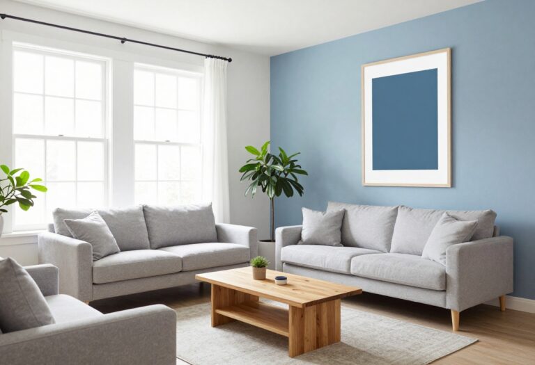 Light and airy living room with blue accent wall and white furniture
