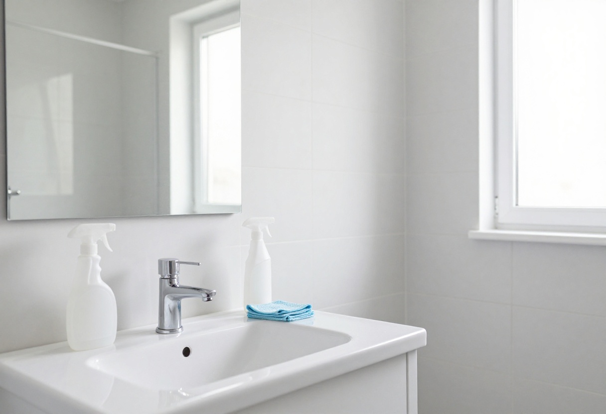 Clean bathroom with white sink and mirror, cleaning supplies on counter