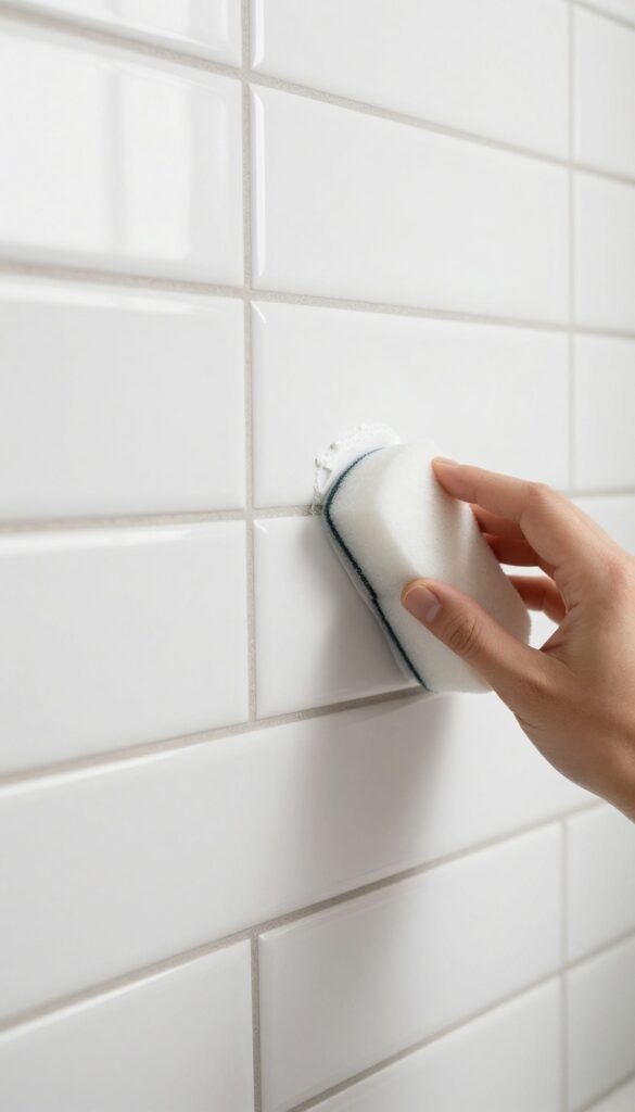 Hand using a white Magic Eraser sponge to clean grout lines on white subway tiles in a bright bathroom.