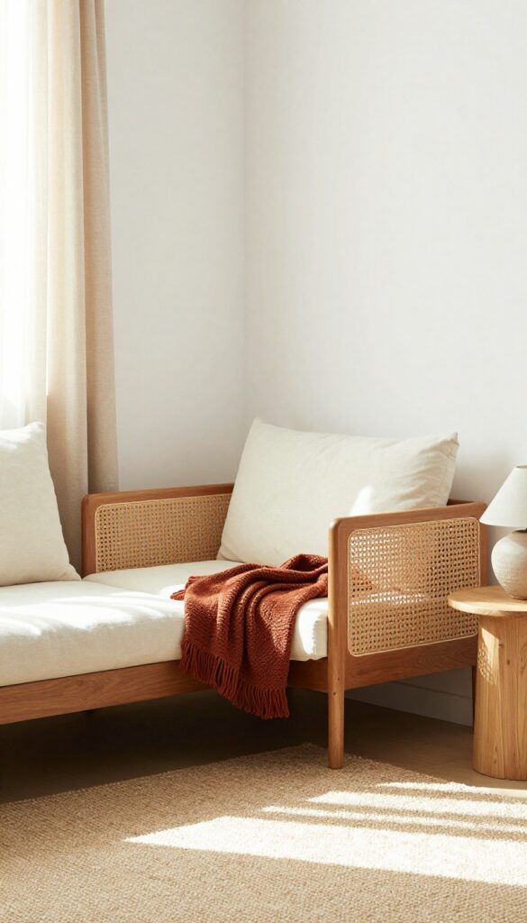 Two-seater teak sofa with cane detailing in a small cozy living room corner