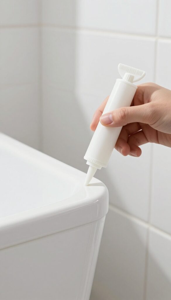 Hand applying fresh white silicone caulk along the edge of a clean bathtub
