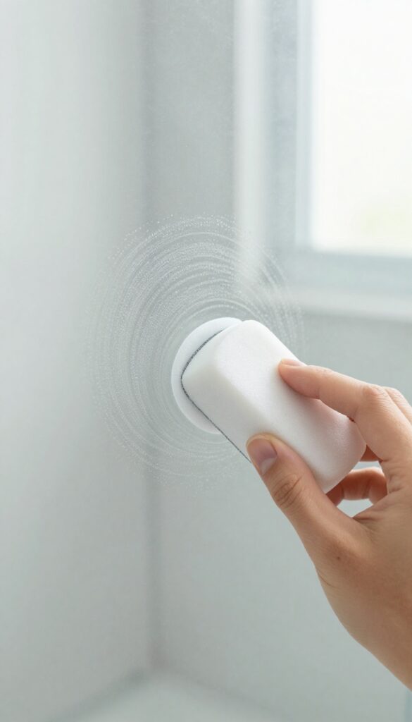 Hand using a white Magic Eraser to remove a hard water ring on a clear glass shower door