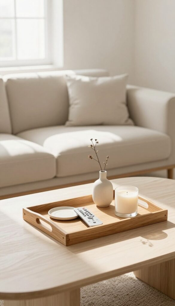 A large wooden tray on a coffee table in a bright living room, holding remotes, coasters, a candle, and a small vase, with a sofa in the background.