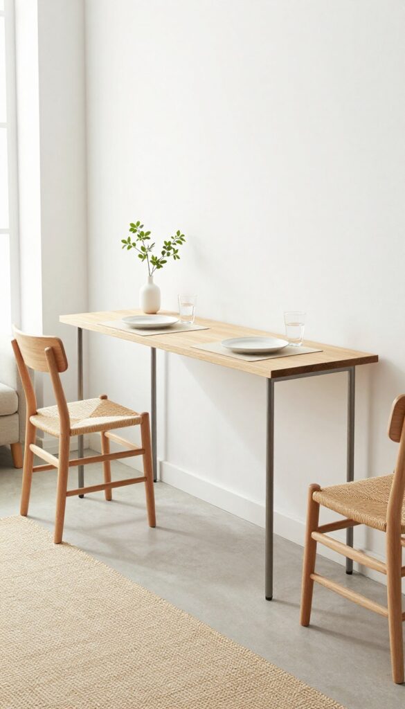 Slim console table used as dining surface in small living room with two chairs and place settings