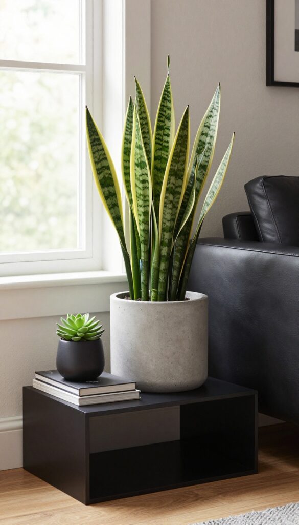 Snake plant in concrete planter on side table next to leather sofa in modern living room
