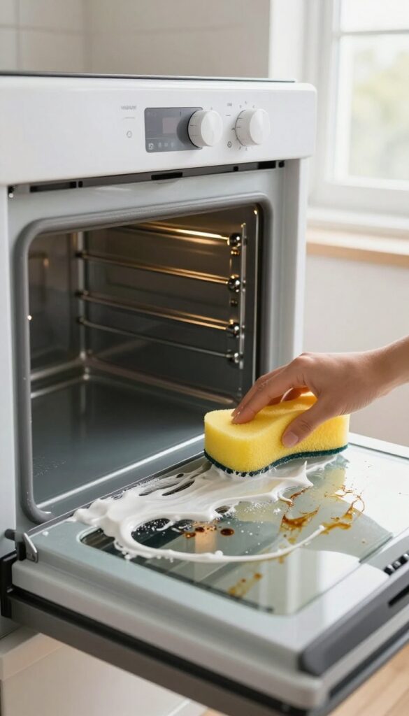 Applying Bar Keepers Friend paste on oven glass door to remove burnt grease and grime