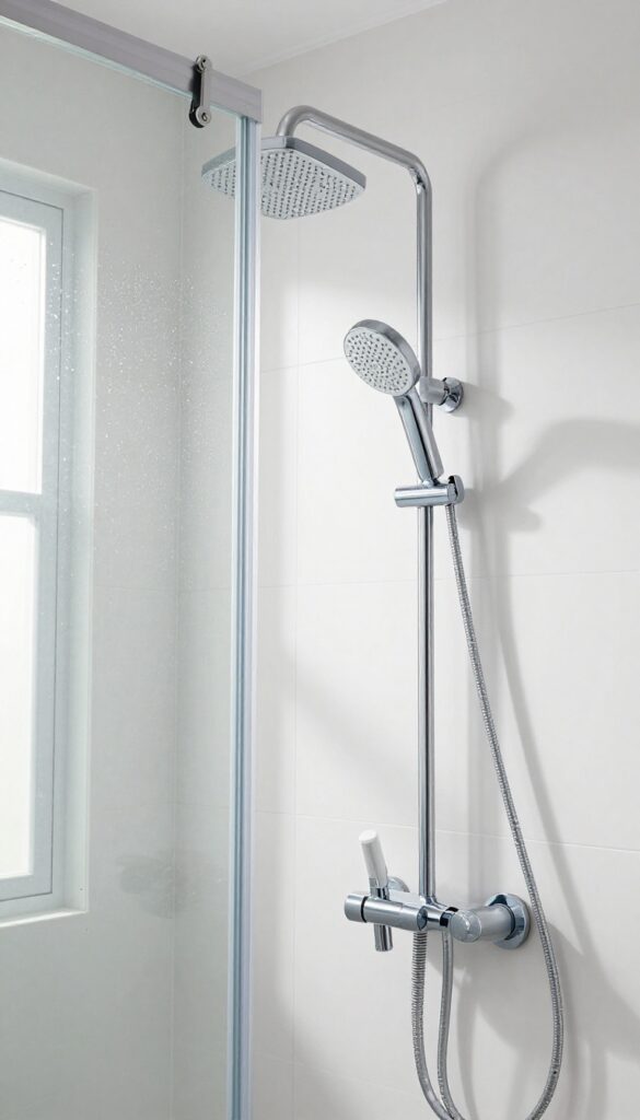 Clean shower with squeegee and spray cleaner on a shelf, bright natural light, minimalist bathroom.