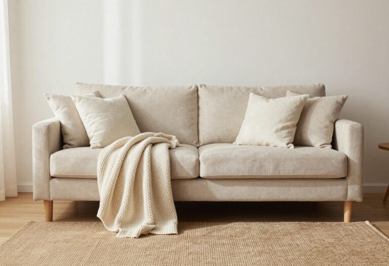 Cozy beige living room with soft neutral layers, textured sofa, and warm wood accents