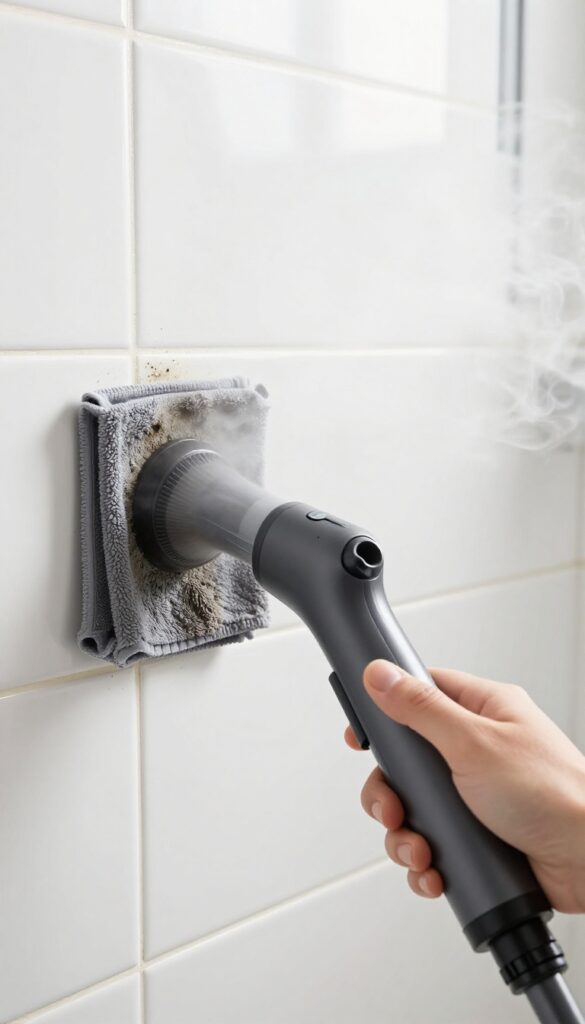 Steam cleaning shower grout with a handheld steamer to remove deep mold