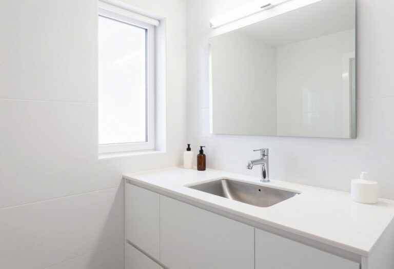 Clean bathroom with white tiles, mirror, and organized counter
