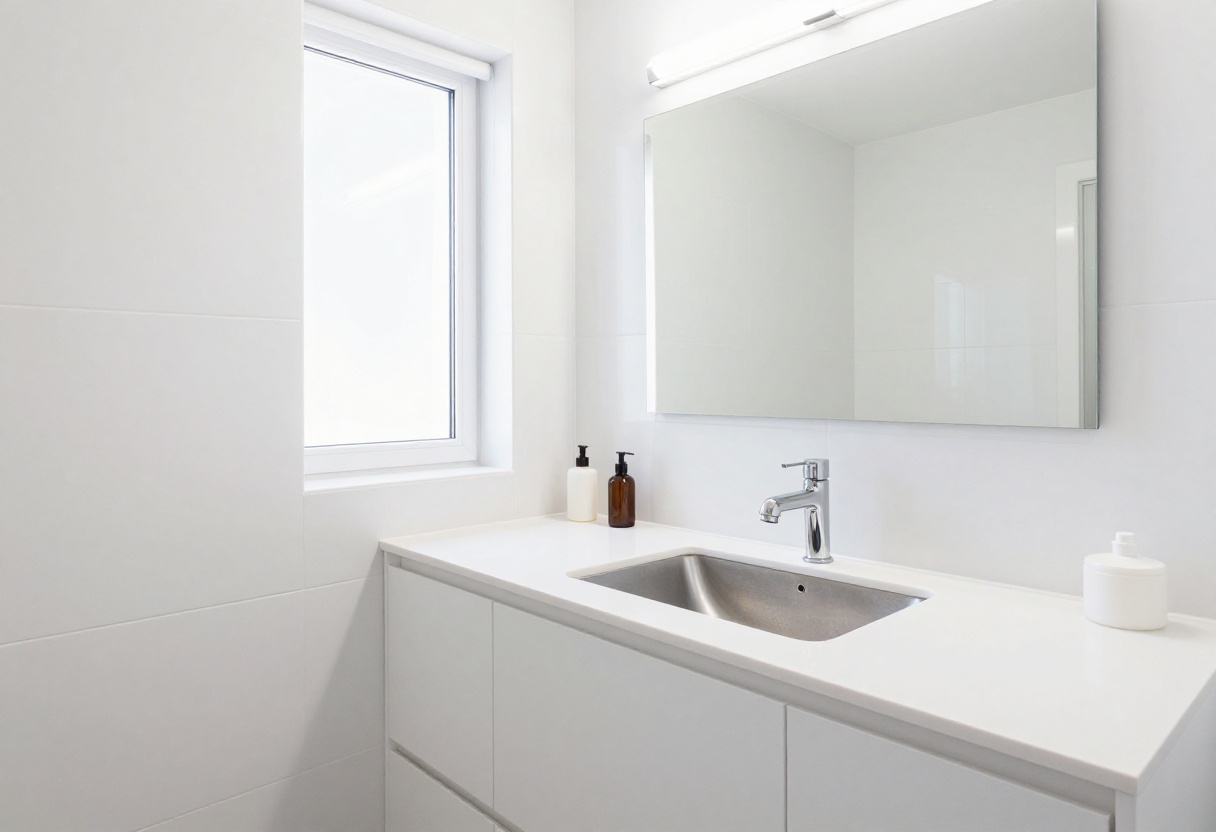 Clean bathroom with white tiles, mirror, and organized counter