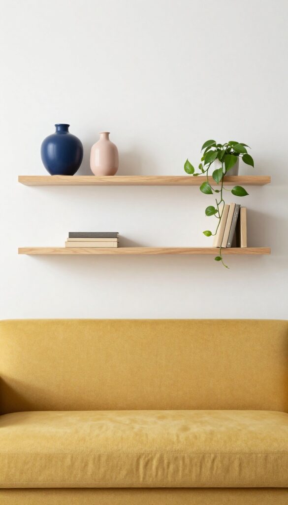 Floating shelves above a mustard sofa with navy, blush, and wood decor pieces