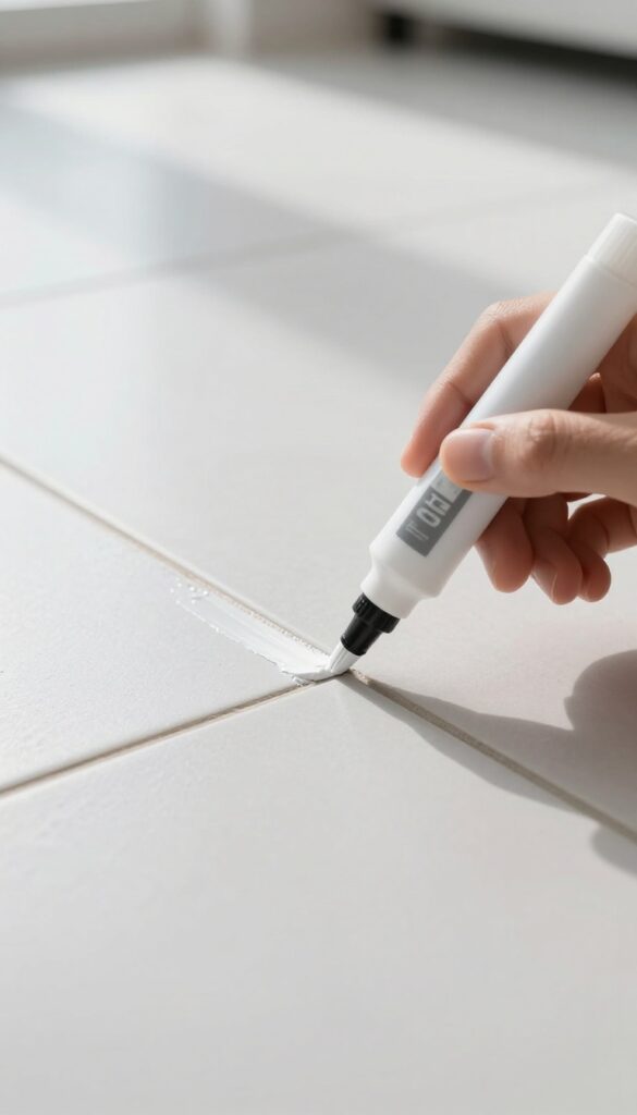 Hand using a grout pen to refresh grout lines on a clean white tile floor