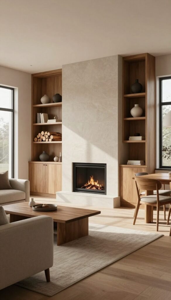 Double-sided fireplace with built-in storage dividing a living and dining area