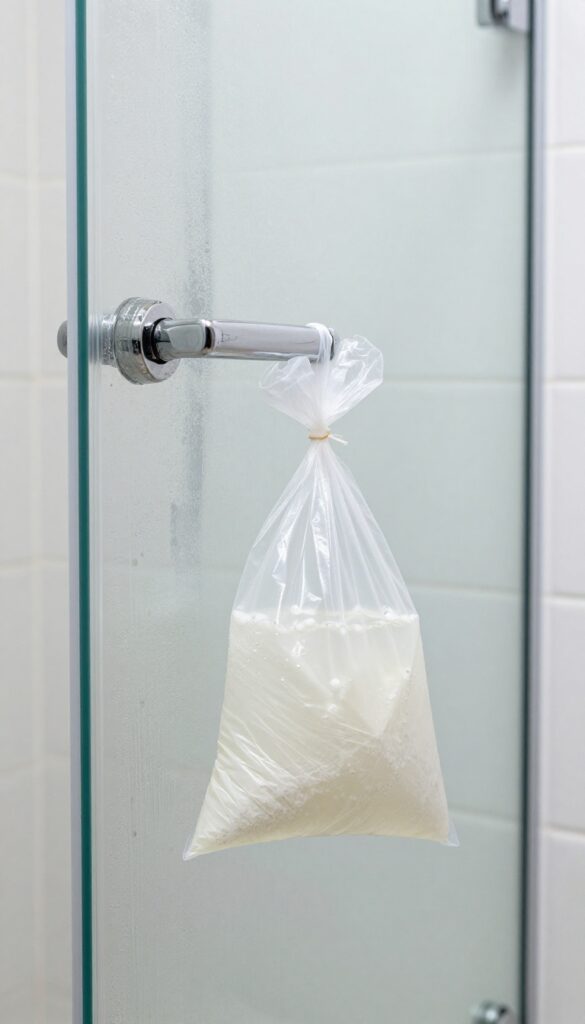 Vinegar bag soak on shower door to remove heavy mineral buildup