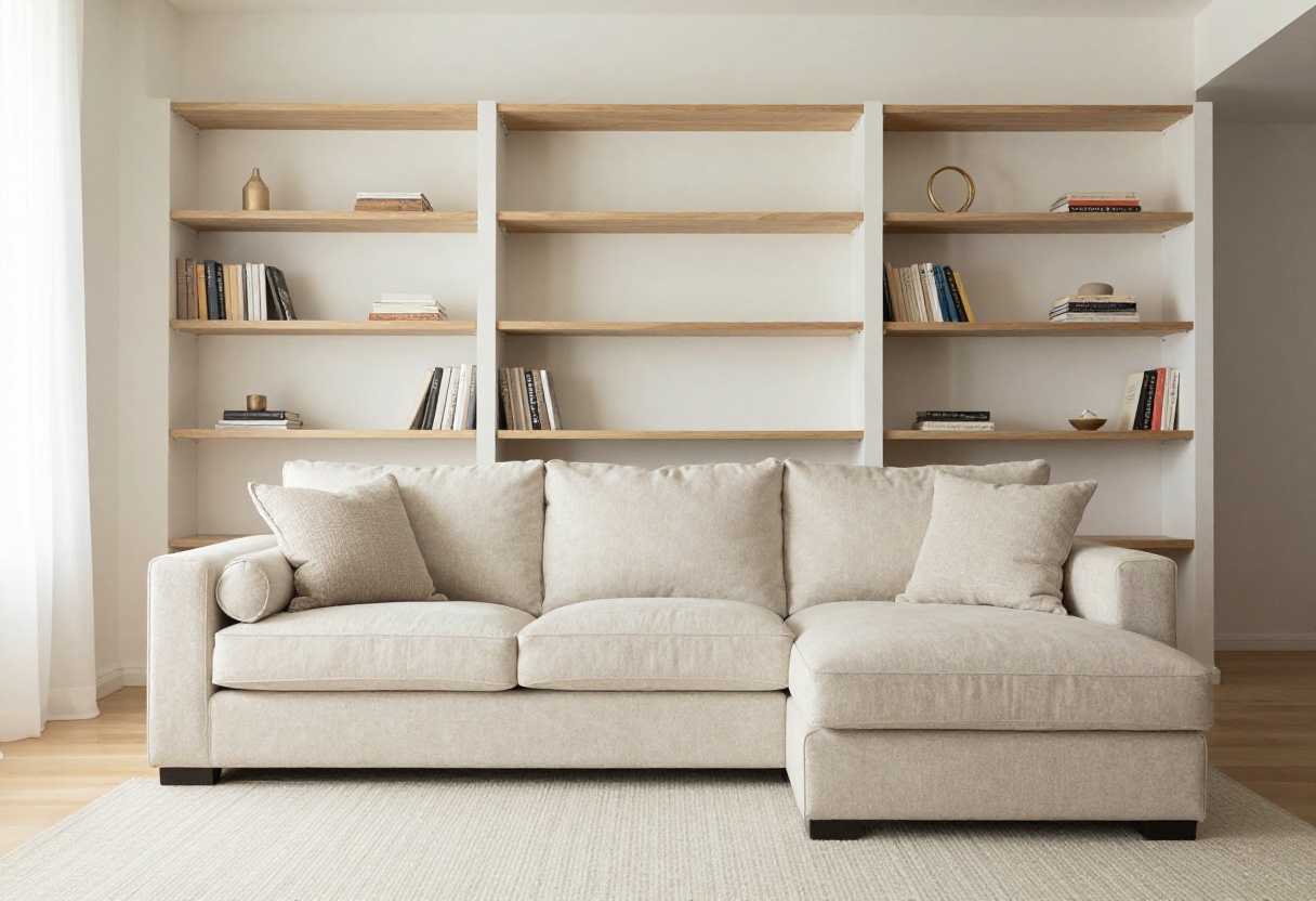 Elegant living room with a storage-smart sofa featuring built-in shelves and a storage ottoman, natural light, and minimal decor.