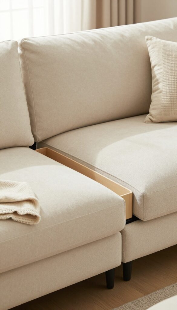 Modern beige sofa with built-in storage, lift-up seat showing organized interior, bright living room