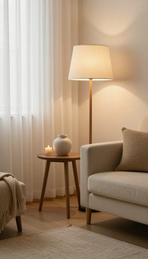 Cozy living room corner with layered warm lighting from floor lamp, table lamp, and candle