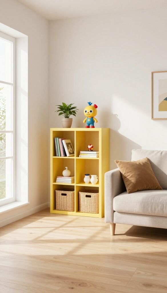 Low yellow bookshelf dividing a living room and play area, with toys in woven bins and natural light.