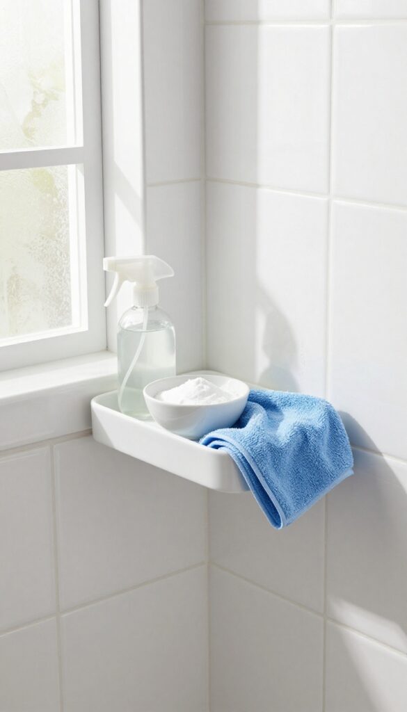 Clean shower grout with baking soda and vinegar cleaning supplies in natural light