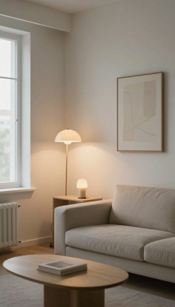 Minimalist living room with layered lighting at different heights, floor lamp, table lamp, and wall sconce, warm glow, open and airy feel.