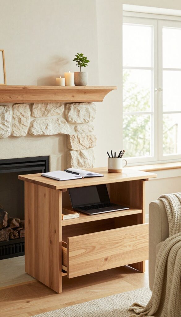 Fireplace mantel with slide-out desk and storage drawer in a bright living room