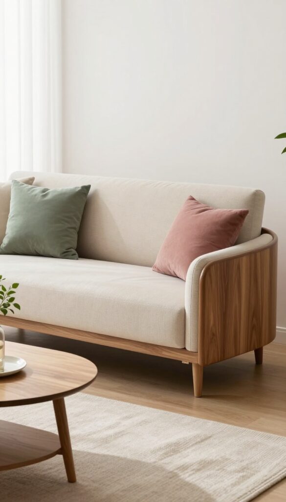 Small modern living room with a curved wooden sofa featuring a rounded backrest, warm walnut finish, cream upholstery, chunky knit throw, round cushions, slim console table, and round coffee table in bright natural light.