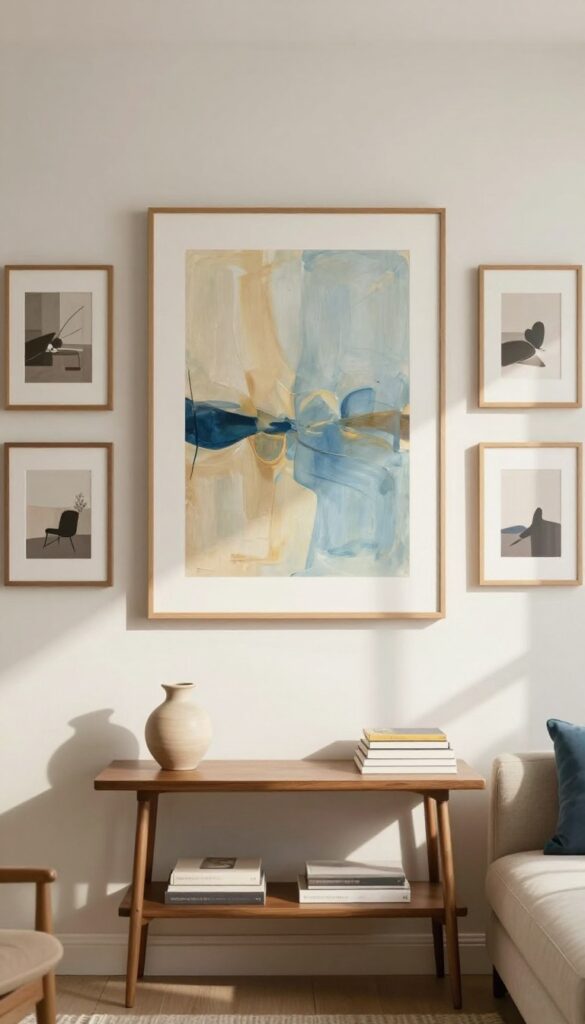 Living room gallery wall anchored by a large central abstract painting with smaller frames arranged around it, console table below.