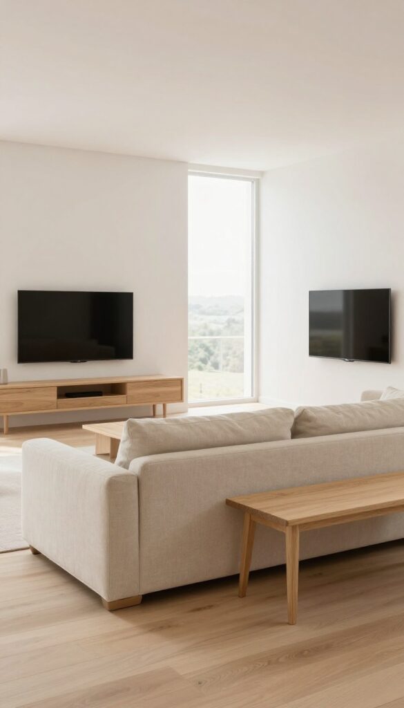 A small living room with low-profile furniture, including a beige sofa, low coffee table, and low media console, creating an open and spacious feel.