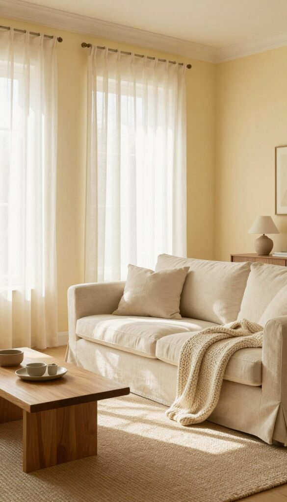 A cozy living room with buttery yellow walls, linen curtains, and warm wood furniture, bathed in soft natural light.